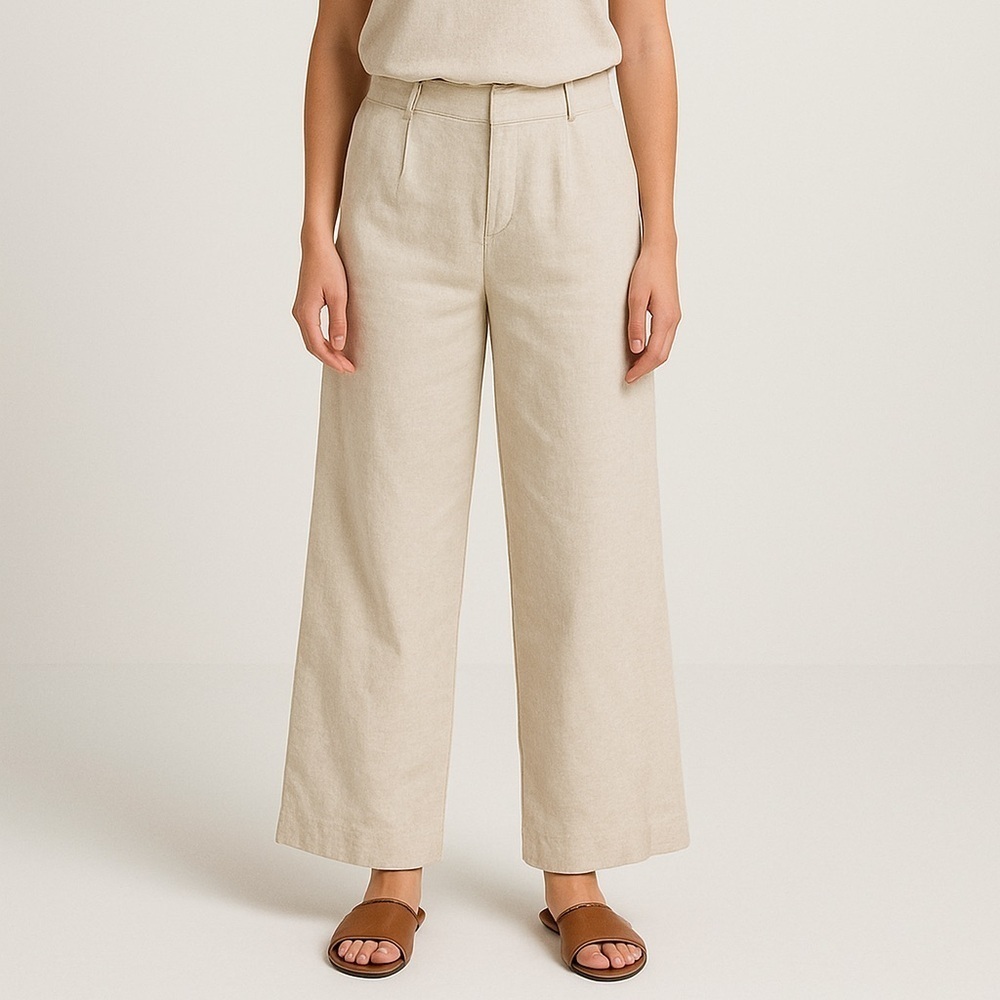Soundstyle Beige High Rise Linen Blend Wide Leg Pant Women’s 12 Beach Boho 34x29